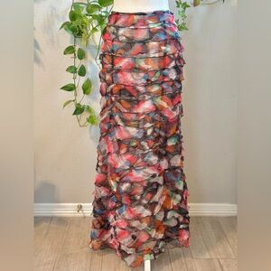 Vintage 90s Chasensully Sheer Silk Multicolor Ruffle Maxi Skirt – Size Large
